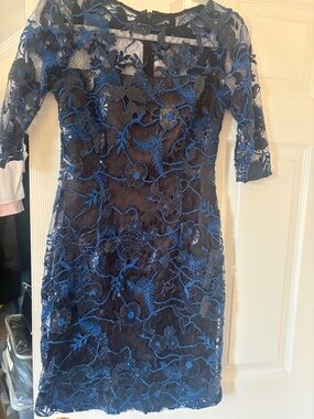 Blue Floral Lace Midi Dress with Sheer Overlay